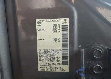 2014 Nissan Maxima 3.5 Sv from USA, damaged, VIN 1N4AA5AP8EC462800